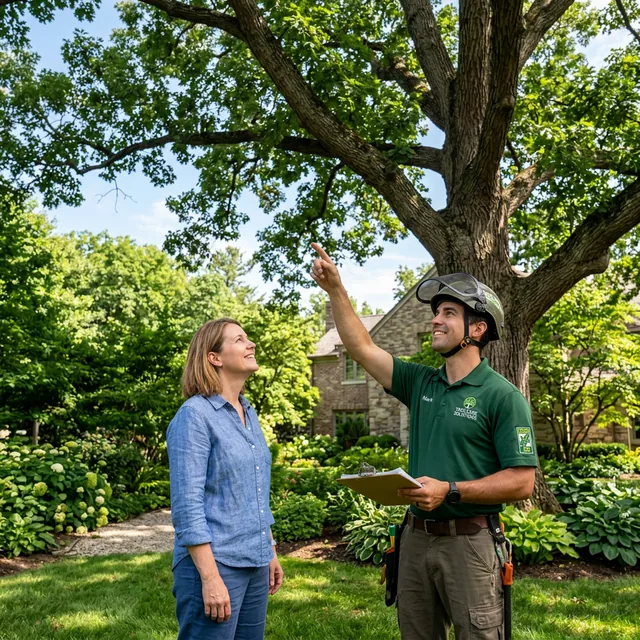 Arborist consultation with a Vancouver, WA homeowner beside a tree canopy.