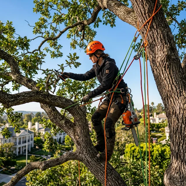 K&I climber working high in a residential tree canopy with rigging gear and chainsaw.